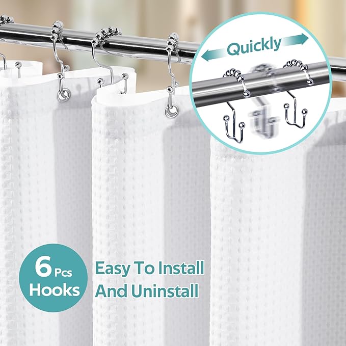 Vipfree 3 in 1 Shower Curtain Set, Waffle Shower Curtain and Liner Set with 6 Double Sided Shower Curtain Hooks, 258GSM Luxury Weighted Cloth Shower Curtains for Bathroom, 36 W x 72 H, White