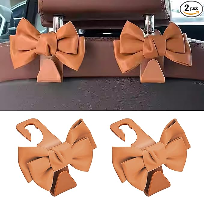 2 PCS Car Seat Headrest Hooks, Cute Bow Shaped Vehicle Backseat Storage Hooks, Leather Bow Shaped Sturdy Car Seat Back Hooks for Purses/Coats, Car Accessories (Brown)