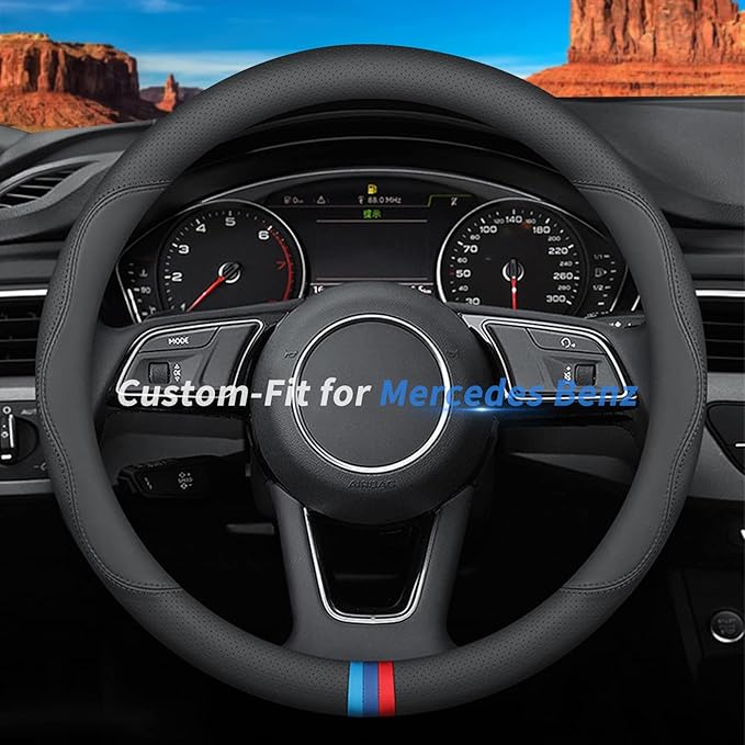 Custom-Fit for Steering Wheel Cover, Premium Leather Car Steering Wheel Cover with Logo, Non-Slip, Breathable, for Accessories (D-Style,)
