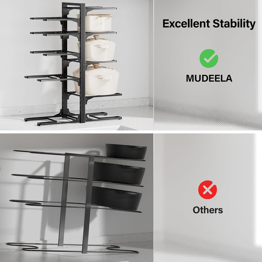 MUDEELA 10-Tier Pots and Pans Organizer under Cabinet, 23.62" Height Heavy Duty Pot and Pan Organizer Kitchen Cabinet Organization and Storage, Adjustable Pot Rack for Frying Pan, Cast Iron Skillet