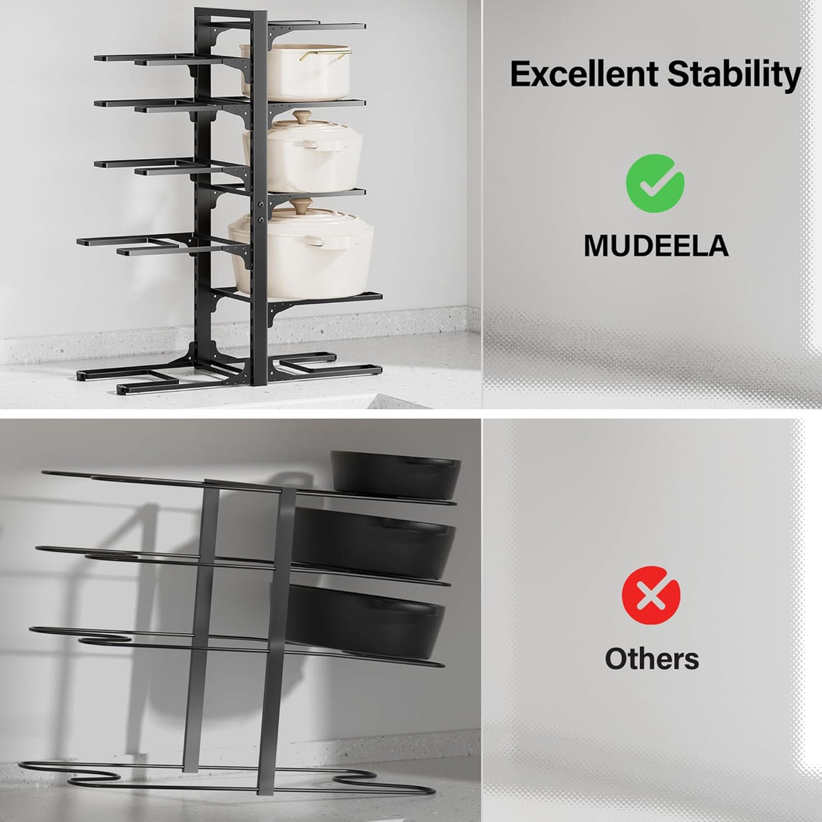 MUDEELA 10-Tier Pots and Pans Organizer under Cabinet, 23.62" Height Heavy Duty Pot and Pan Organizer Kitchen Cabinet Organization and Storage, Adjustable Pot Rack for Frying Pan, Cast Iron Skillet