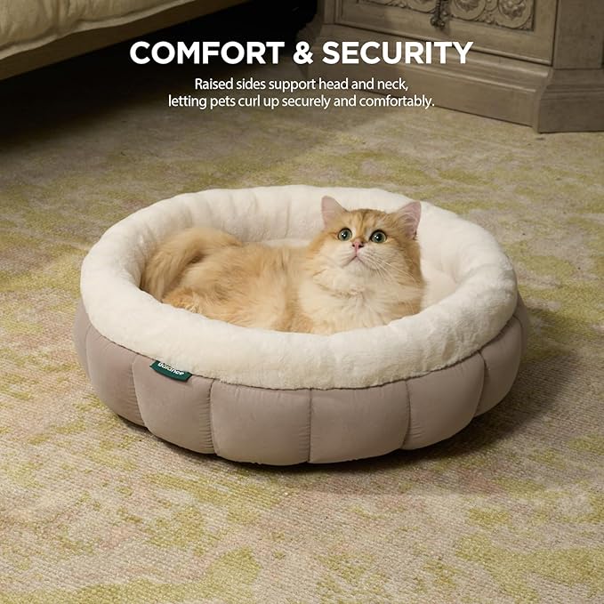 BALANCE Cat Beds for Indoor Cats, Washable Round Cat Bed, Cute Kitten Bed with Anti-Slip Bottom for Kitty and Puppy, 18 Inches, Goat