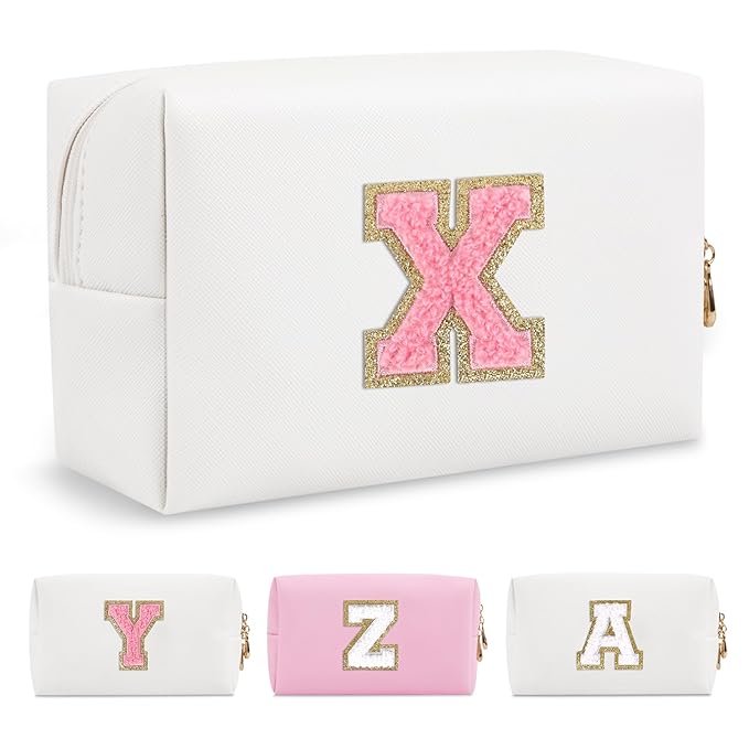 Personalized Makeup Bag Initial A-Z Preppy Patch Bag,Small PU Leather Travel Cosmetic Bag Pouch with Zipper,White Cute Toiletry Bag,Gift Ideal for Teen Girls Women Birthday Friend Mom,Letter X