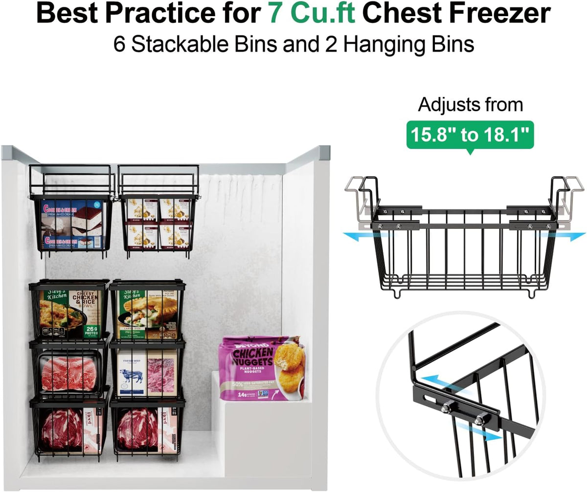 iSPECLE Freezer Organizer Bins 5 Pack- Fit 14.2~16.5 Inch Wide Chest Freezer, 7 Cu.Ft Deep Freezer Organizer Bins, 2 Small Expandable Hanging Baskets and 3 Stackable Bins, Black