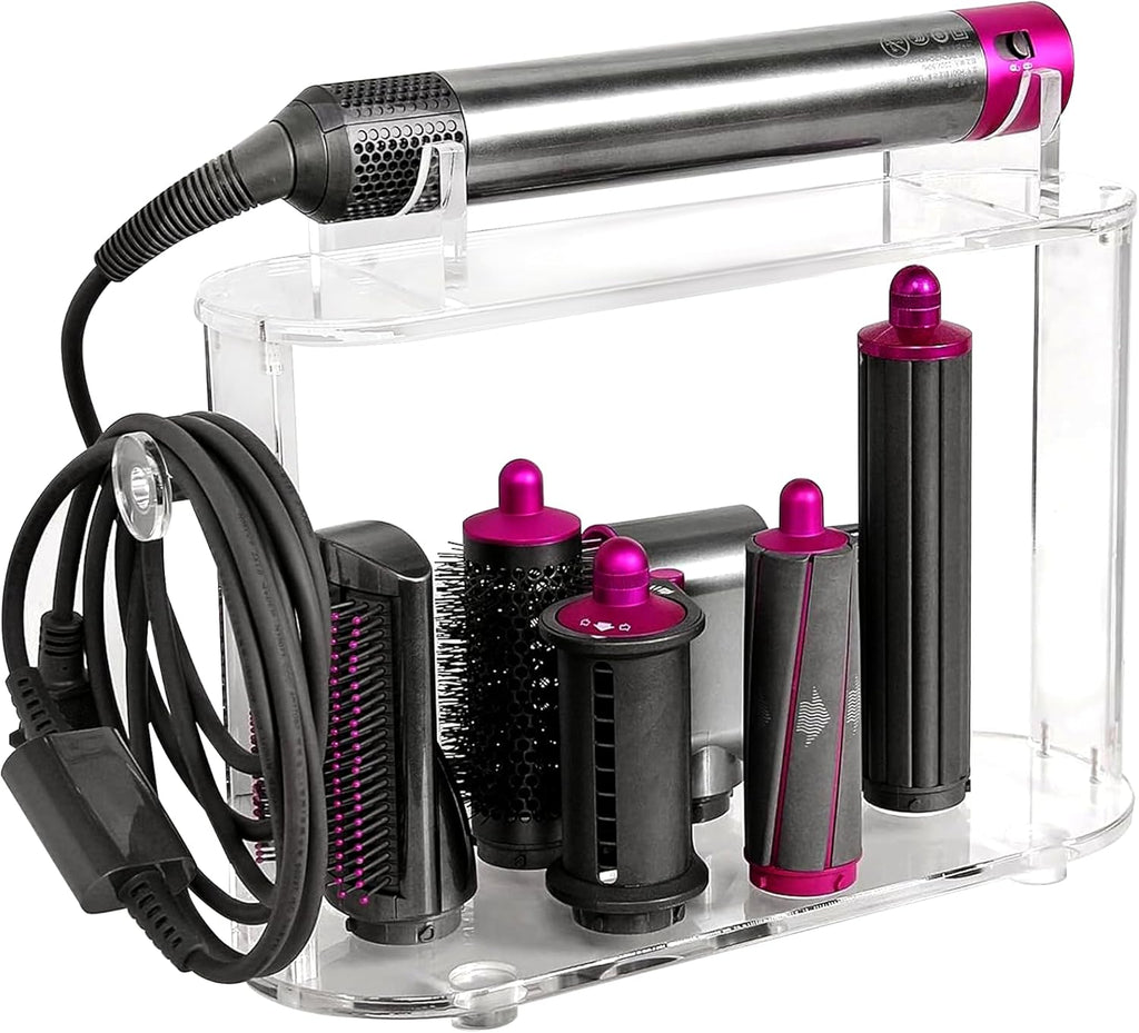 2025 New Storage Holder for Dyson Airwrap Hair Tool Organizer Accessories, Clear Acrylic Hair Dryer Rack 6 Holes Countertop Desktop Styler Stand Bathroom Organizer with Cord Hanger