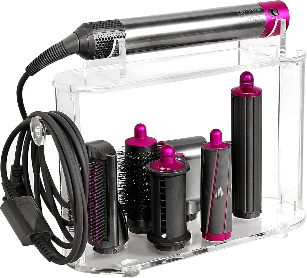 2025 New Storage Holder for Dyson Airwrap Hair Tool Organizer Accessories, Clear Acrylic Hair Dryer Rack 6 Holes Countertop Desktop Styler Stand Bathroom Organizer with Cord Hanger