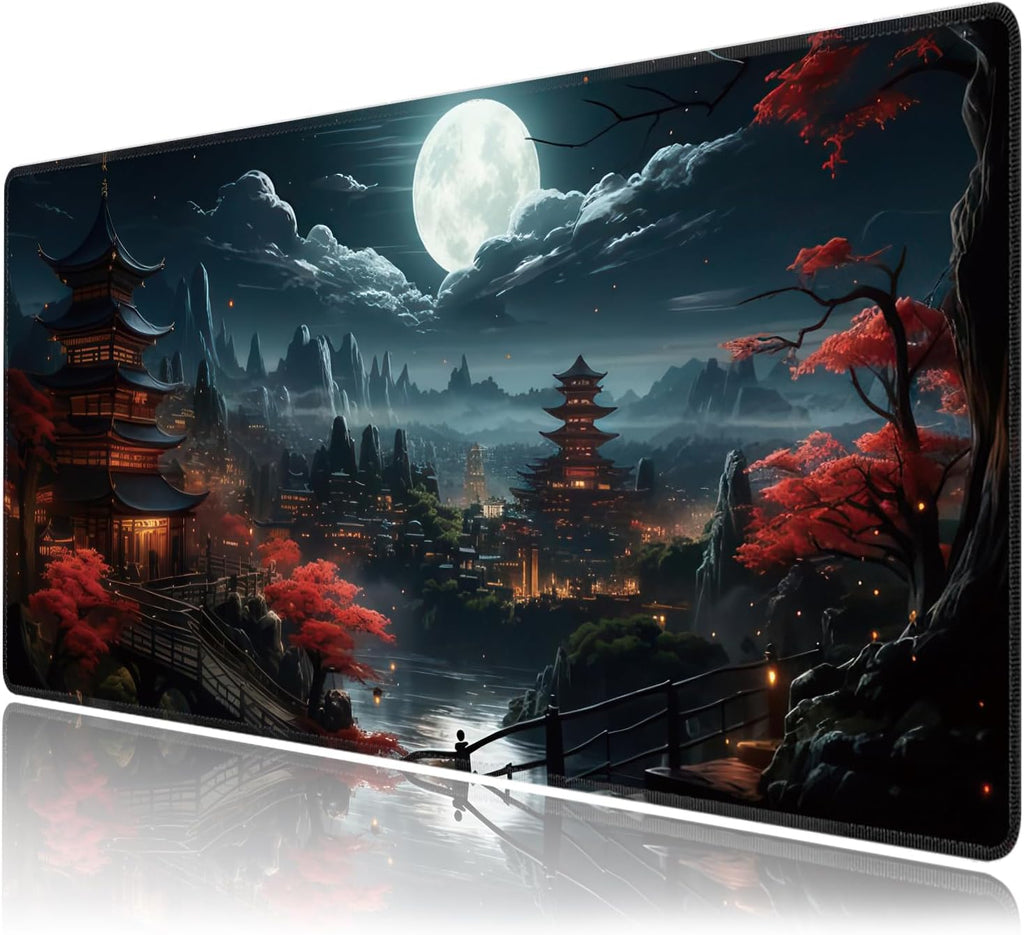 Japanese Full Moon Large Mouse Pad,Gaming Keyboard Desk Pad,Extended Mouse Mat Non-Slip Rubber Base with Stitched Edges for Office Game Home XXL 35.4"x15.7"
