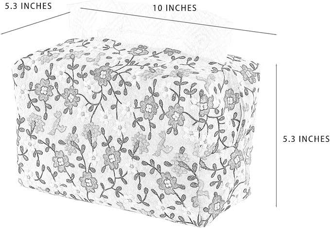 Hausfrau Tissue Box Cover Rectangular Embroidered Jacquard Linen Tissue Holder Case Decorative for Bathroom Vanity Countertop Desk Office, 10"x5.3"x5.3", White Flowersea