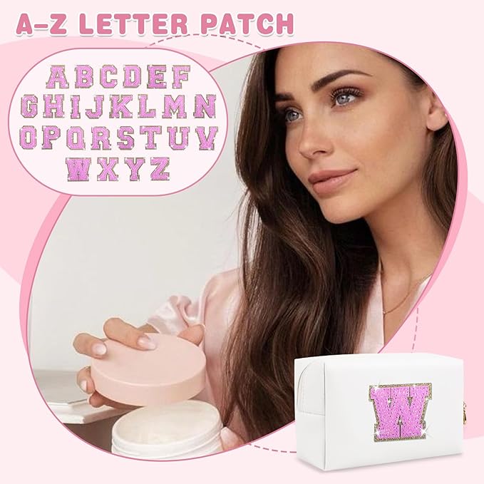 Small Initial Patch Makeup Bag Personalized Gifts Make Up Bag,White Cute PU Leather Glitter Letter Cosmetic Bag with Zipper,Trendy Portable Travel Toiletry Pouch,Preppy Stuff for Teen Girls Women W