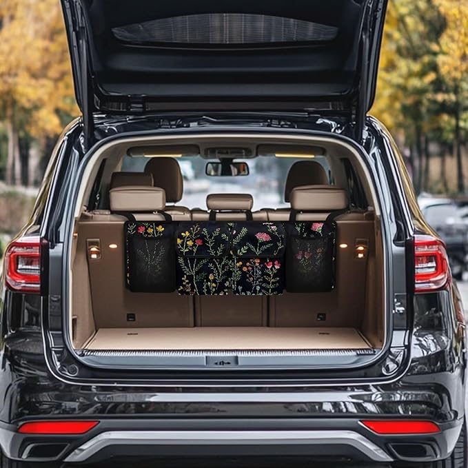 Floral Flowers Car Trunk Organizer, 4 Compartment, Foldable Back Seat Car Organizer, Car Accessories