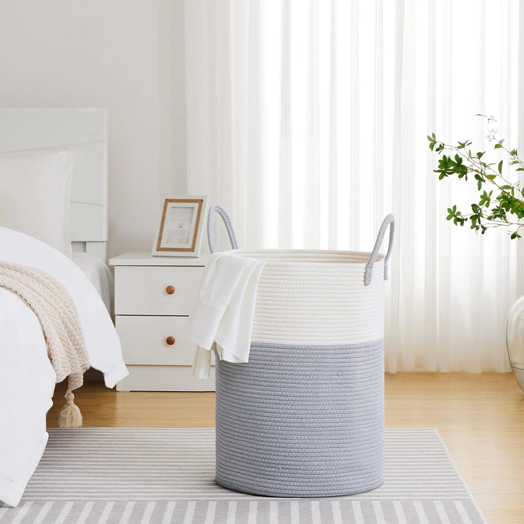 VIPOSCO Large Laundry Hamper, Tall Woven Rope Storage Basket for Blanket, Toys, Dirty Clothes in Living Room, Bathroom, Bedroom - 100L Grey & White