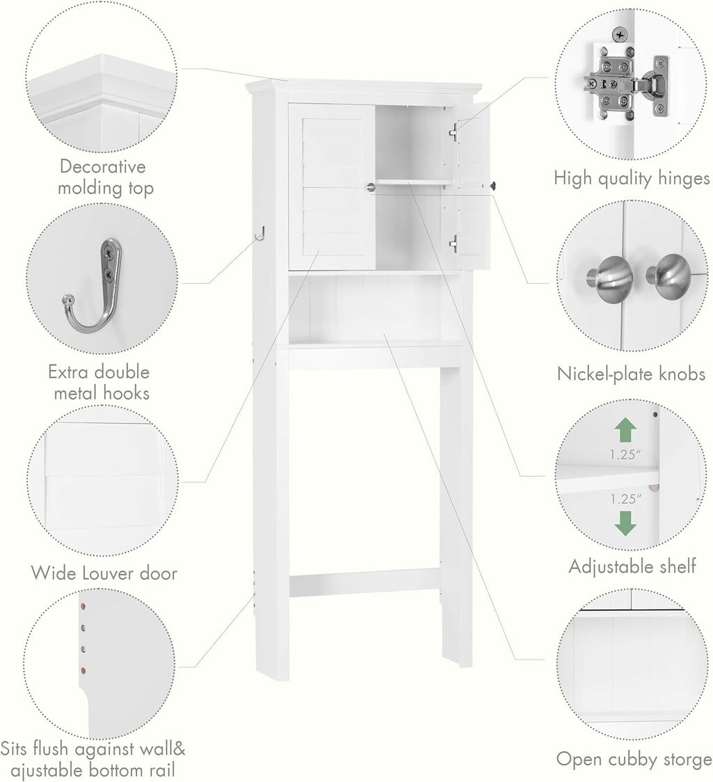 Spirich Over The Toilet Storage Cabinet, Space-Saving Above Toilet Bathroom Organizer with Adjustable Shelf and Hooks, White