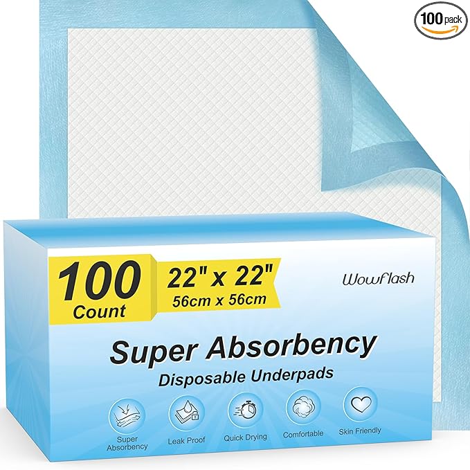 100 Count 22” x 22” Super Absorbency Disposable Underpads, Leakproof Quick Drying Disposable Pads for Baby, Puppy and Adults, Puppy Pads, Cat Pee Pads for Dogs, Potty Puppy Training Pads