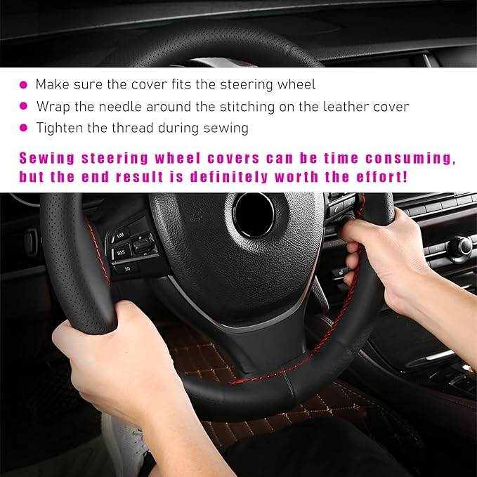Ziciner Genuine Leather Steering Wheel Cover, Stitch on Wrap, Breathable Anti-Slip Car Steering Wheel Protector for Max Diameter 15 Inch, DIY Sewing with Needles Thread (Gray, Middle Hole)