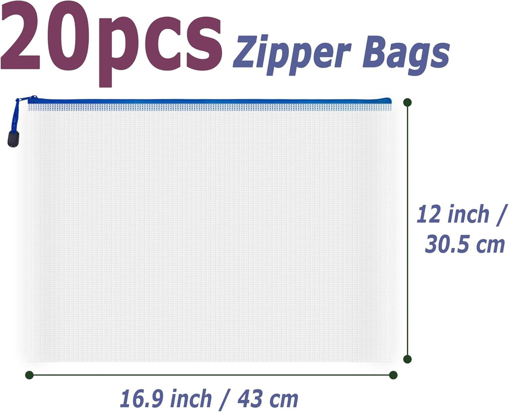 AUSTARK 20 Pcs Zipper File Bags, Plastic Mesh Pouch, Board Game Storage Bag, Waterproof Bags for Office School (A3 Size 16.9''x12'', White and Blue)