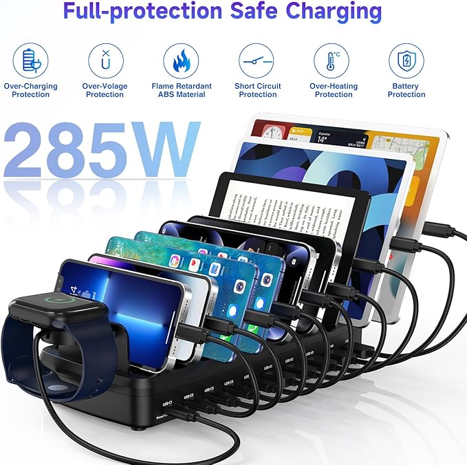 285W Charging Station for Multiple Devices, 10 Ports Fast Multi-Device Charger