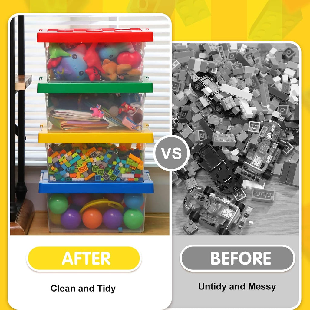 Vicenpal 4 Pack Toy Storage Containers with Lids Brick Shaped Kids Toy Organizer Box Plastic Clear Stackable Bin Chest for Building Block Dolls(Small,Red, Yellow, Blue, Green)