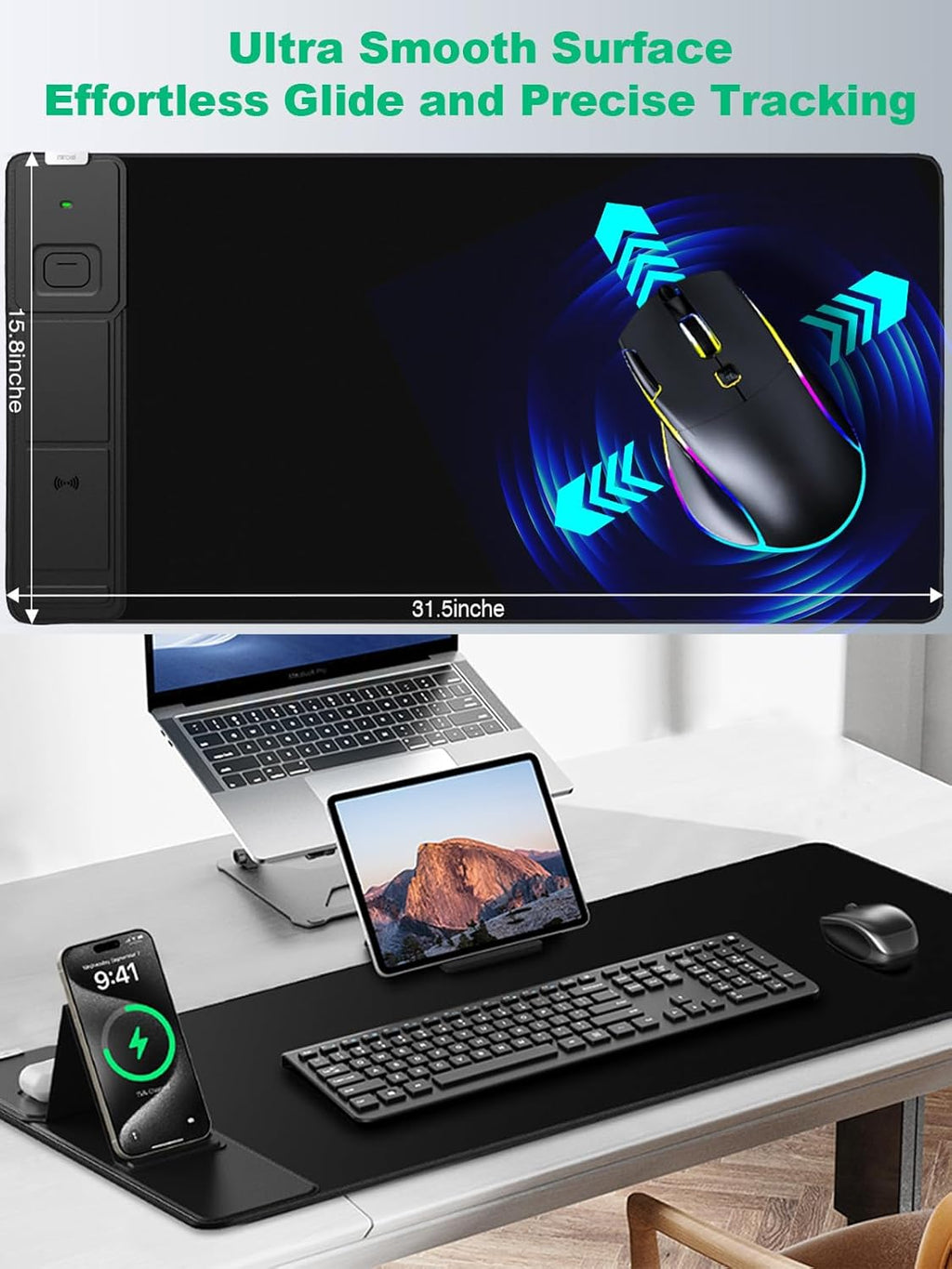 Mouse Pad, Office Desk Mat, Large Gaming Mousepad with Superior Micro-Weave Cloth, XXL Desk Pad with Stitched Edges, Non-Slip Writing Pad for Gamer, Laptop, Work & Home (Black with 20W PD Charger)