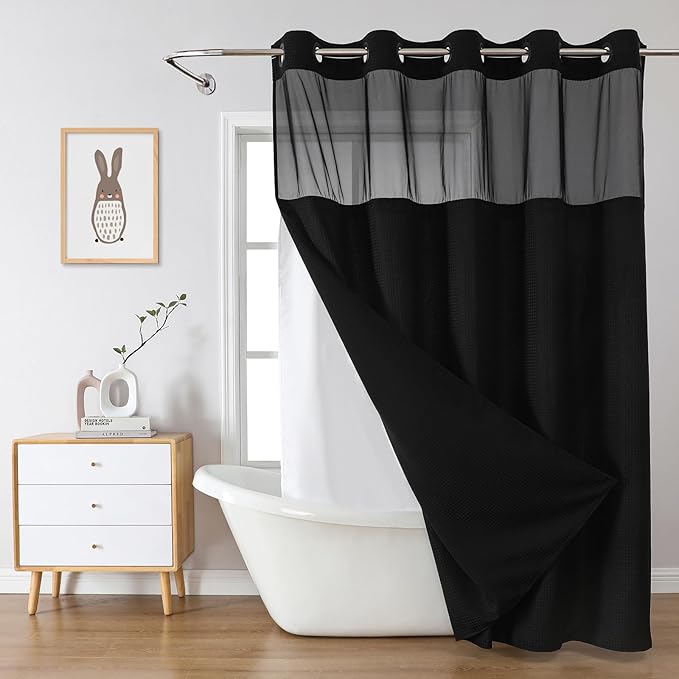 eachope Black Extra Long No Hook Waffle Weave Shower Curtain with snap-in Liner Replacement, 230GSM Waterproof Fabric Hotel Shower Curtain Set for Bathroom, Through Mesh Top Window,71Wx86H