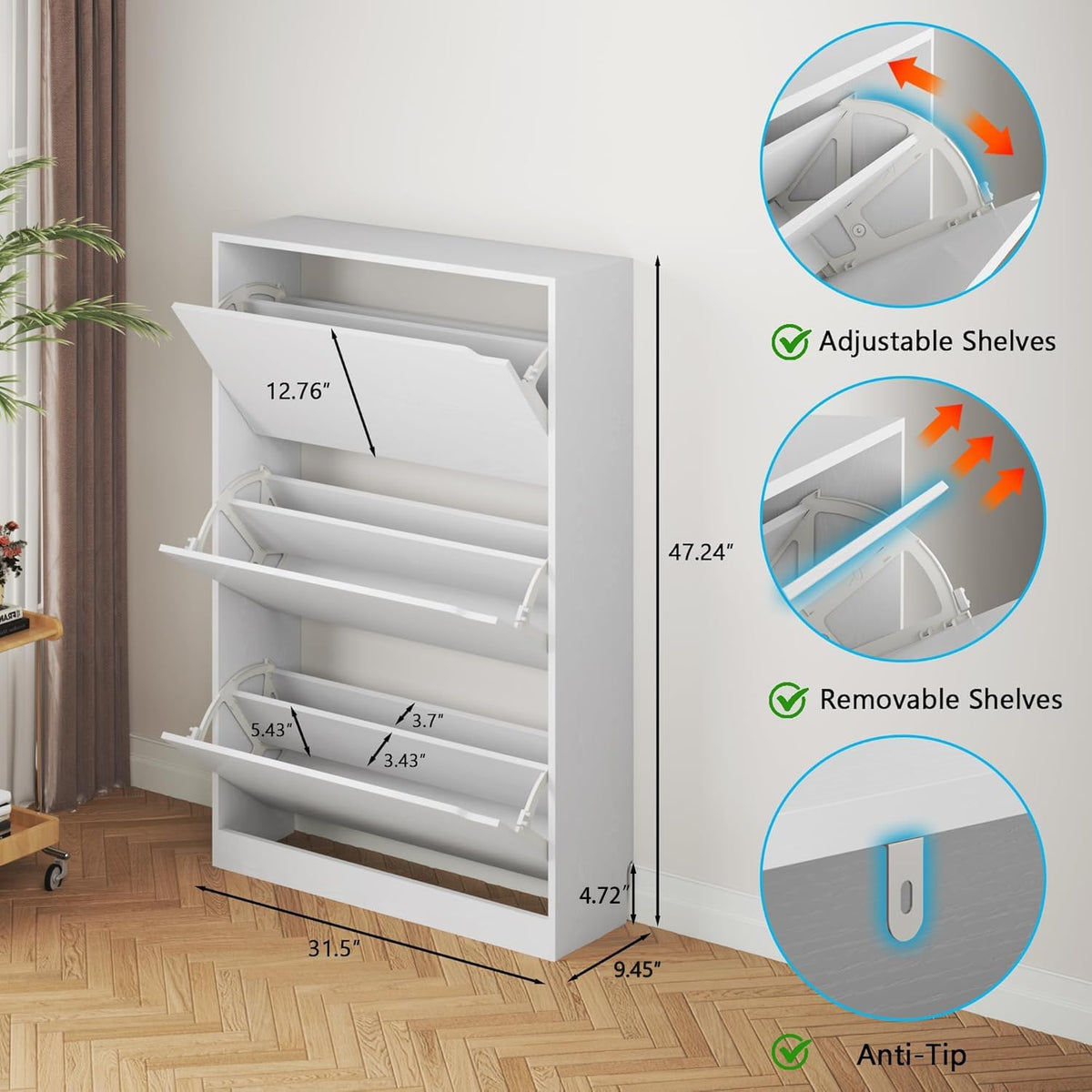 Shoe Cabinet with 3 Flip Drawers, Hidden Wood Shoe Cabinet,Freestanding Shoe Storage Cabinet for Entryway Hallway.White. 47.2" H*31.5" W*9.45" D.
