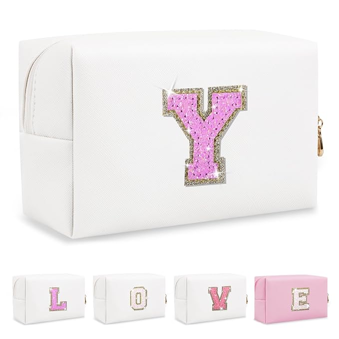 Small Initial Patch Makeup Bag Personalized Gifts Make Up Bag,White Cute PU Leather Glitter Letter Cosmetic Bag with Zipper,Trendy Portable Travel Toiletry Pouch,Preppy Stuff for Teen Girls Women Y
