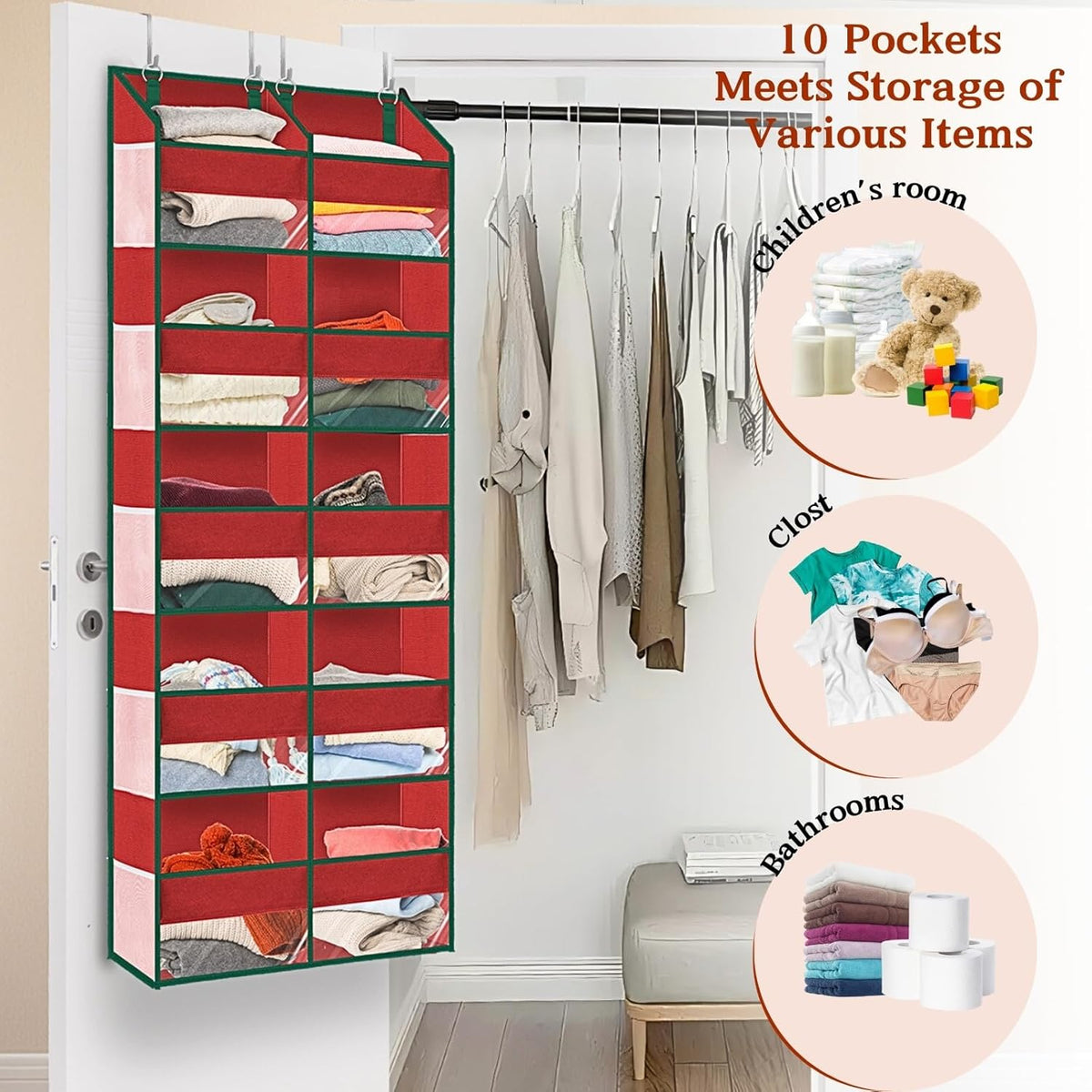 Christmas Over The Door Organizer 5 Tiers, Extra Large Behind Door Storage of 10 Compartments, 80 lbs Weight Capacity Hanging Storage Organizer with Clear Window Kids Toys, Shoes, Diapers, Red