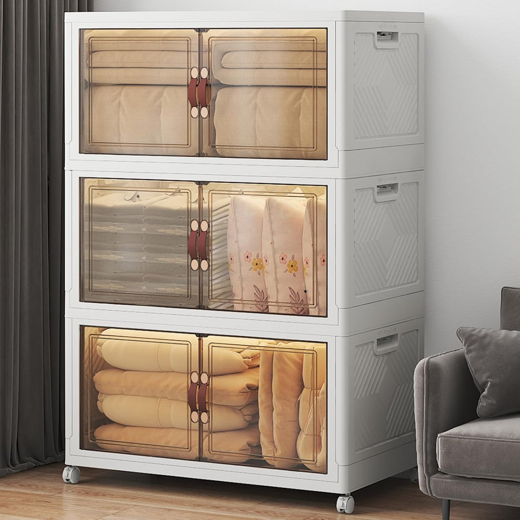 480Qt Stackable Storage Bins with Lids, 3 Pack Large Collapsible Bins with Wheels, Plastic Cabinet with Doors, Foldable Closet Organizers and Storage for Home, Dorm, Office, White