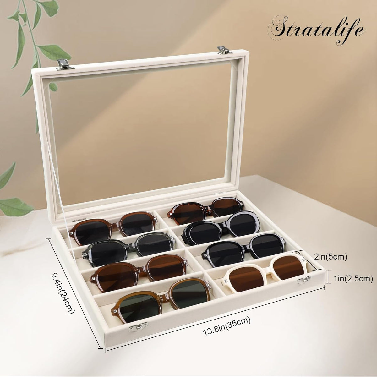 Stratalife Sunglasses Organizer Sunglass Display Tray Jewelry Tray with Lid Sunglasses Storage Case Drawer Watch Box for Men and Women Beige (8 Grids)