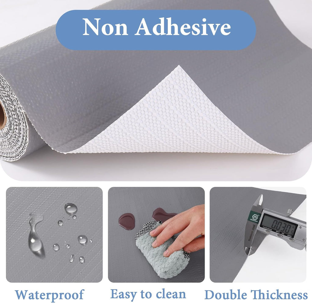 Shelf Liners for Kitchen Cabinets Non Adhesive Drawer Liner 23.6in x 30FT Pure Grey Thickened Shelf Liner Strong Non-Slip Easy to Clean for Tool Box Refrigerator with Knife and Tape Measure