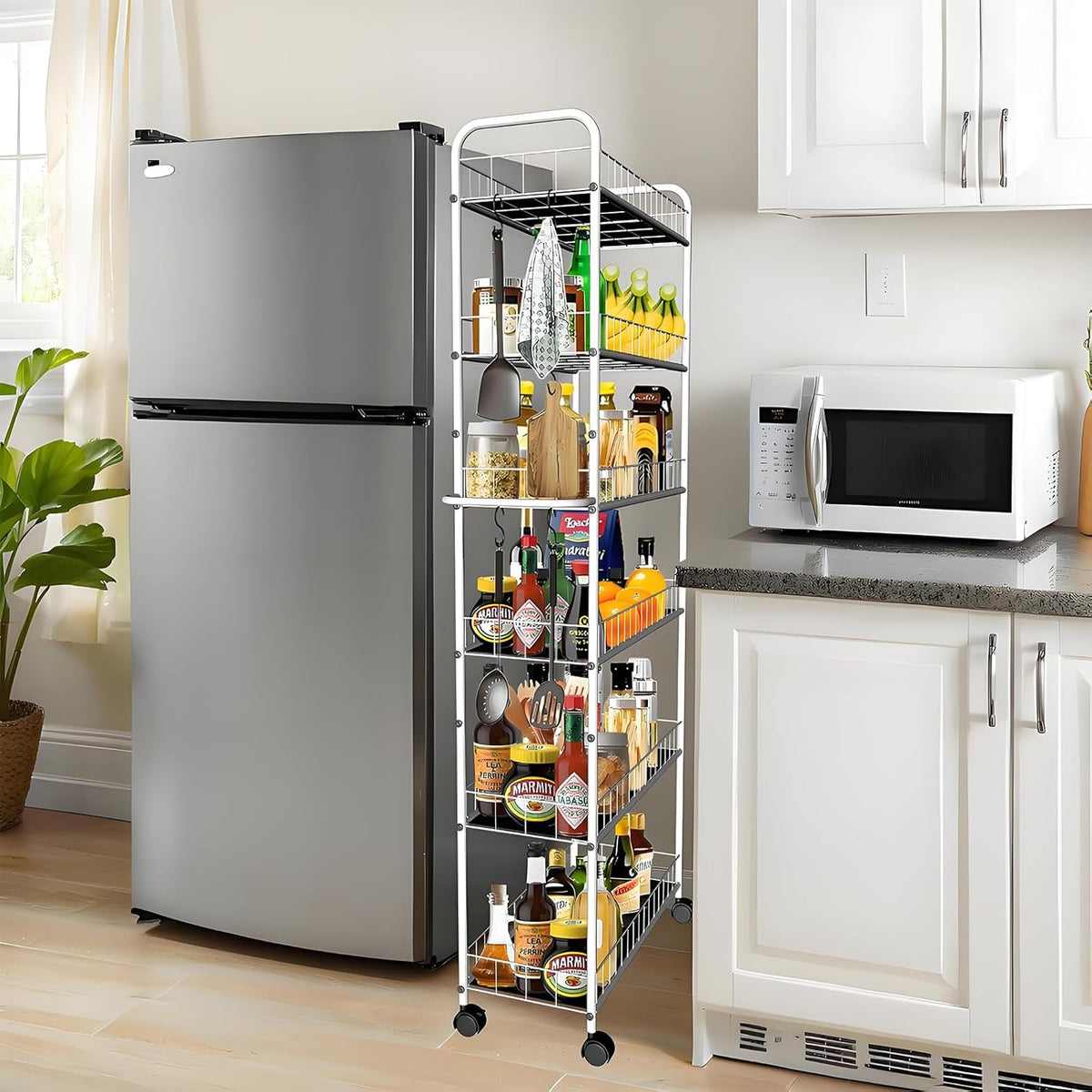 6 Tier 10in Slim Rolling Storage Cart with Handle, White Mobile Shelving Unit with Wheels, Metal Wire Storage Rack with Baskets for Kitchen Bathroom Office Laundry Narrow Piaces
