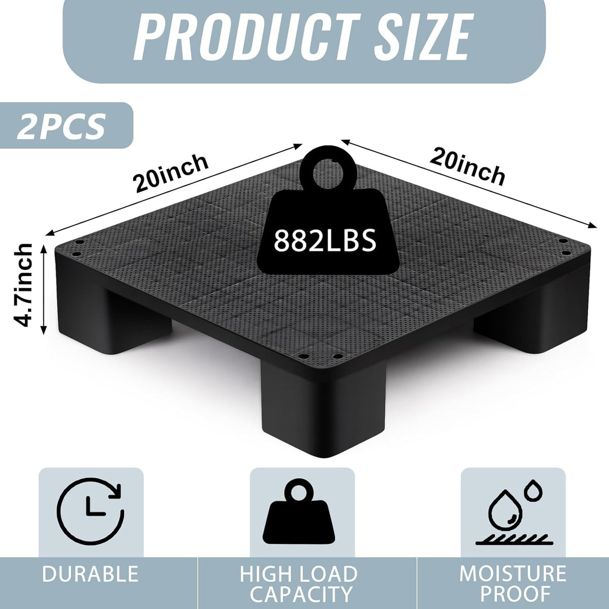 1 Pcs Plastic Pallet for Basement Storage Easy Stack Lightweight Floor Pallet Display Flooring Room Supermarket Christmas, Support up to 2000 Lbs (20'' L X 20'' W X 4.7'' H,Black)