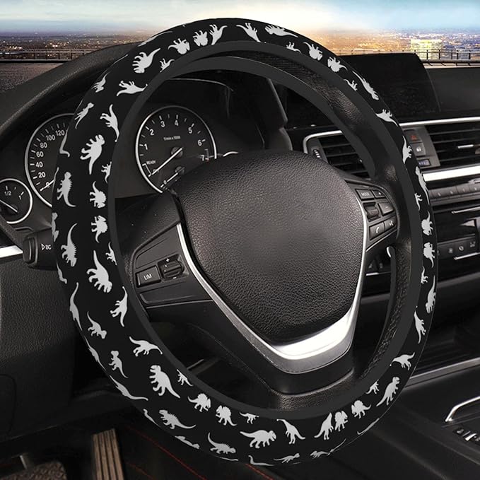 Dinosaurs Print Neoprene Steering Wheel Covers Women Men Car Accessories, Universal 15 Inch Fit Auto, Suvs, Truck
