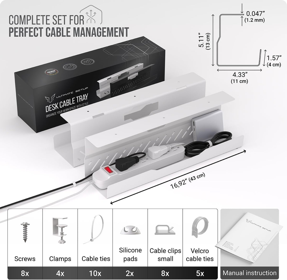 Under Desk Cable Management Tray no Drill – Wire Management - Cord Organizer – Huge Load Capacity – Under Desk Cable Tray no Drill (White, 2 Pieces Set)
