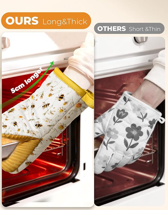 Slohif Bee Mini Oven Mitts Set – Yellow Extended Short Heat Resistant Kitchen Gloves for Women, 100% Cotton Oven Mitts with Silicone Grips, Non-Slip and Thick Durable for Cooking & Baking