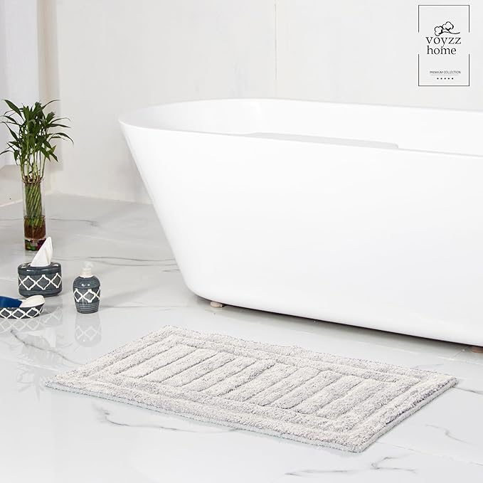 voyzz home Luxurious 100% Cotton Bathroom Rug Mat - Featuring Ultra-Soft Plushness, Non-Slip Design, Thickness, and Washability. Enhancing Home Decor, Bath Mat Measuring 20"x32" Striped Grey.…