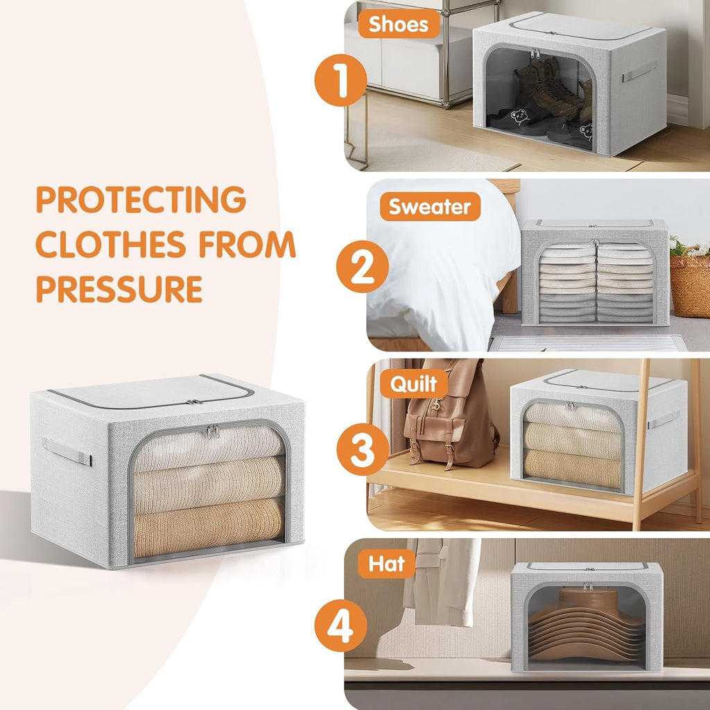 Large size 66L Fully Transparent Openings Clothes Storage Bins with Metal Frame, Stackable & Foldable Storage Box with Lids, Closet Organizers, Cap, Sweater.(19.7x 15.75 x 13 Inches)