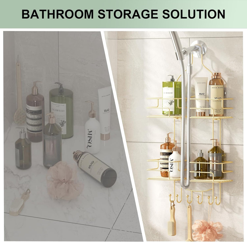 SRIWATANA Shower Caddy Hanging, Bathroom Organizer, No Drilling Shelves Over Shower Head, Bath Rack Holder with Hooks for Razors and Sponge - Gold