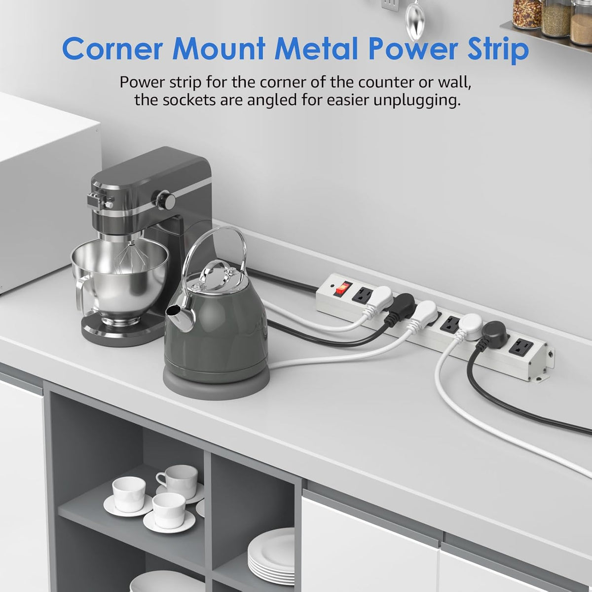 CCCEI Corner Mount Angle Power Strip, Under Cabinet Heavy Duty 8 Outlets Power Strip 20Amp, Metal Underneath Desk Plug Surge Protector, Wall Mountable, for Garage, Shop, Kitchen. 6FT Extension Cord.