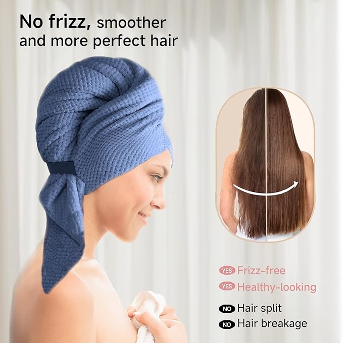 Netcken Large Microfiber Hair Towel for Women,Super Soft Anti Frizz & Quick Dry for Curly Hair,Ultra Absorbent Hair Wrap Towels for Long,Thick,Wet Hair 24x42 Inches (Blue)