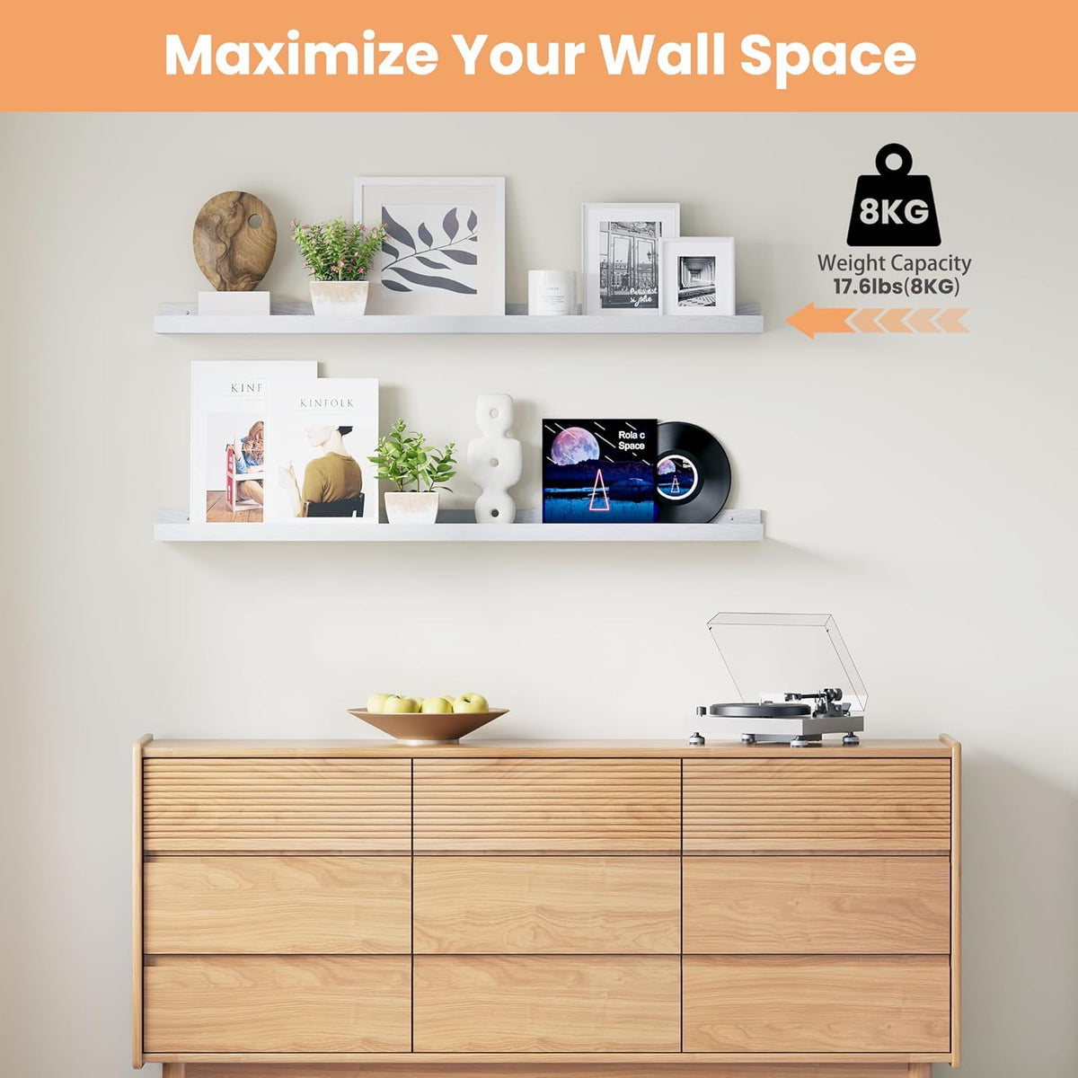 upsimples Floating Shelves for Wall, 47.3 Inch Shelves for Decor Storage Set of 6, Wall Mounted Wood Shelf for Bedroom, Living Room, Bathroom, Kitchen, Long Picture Ledge Shelves, White