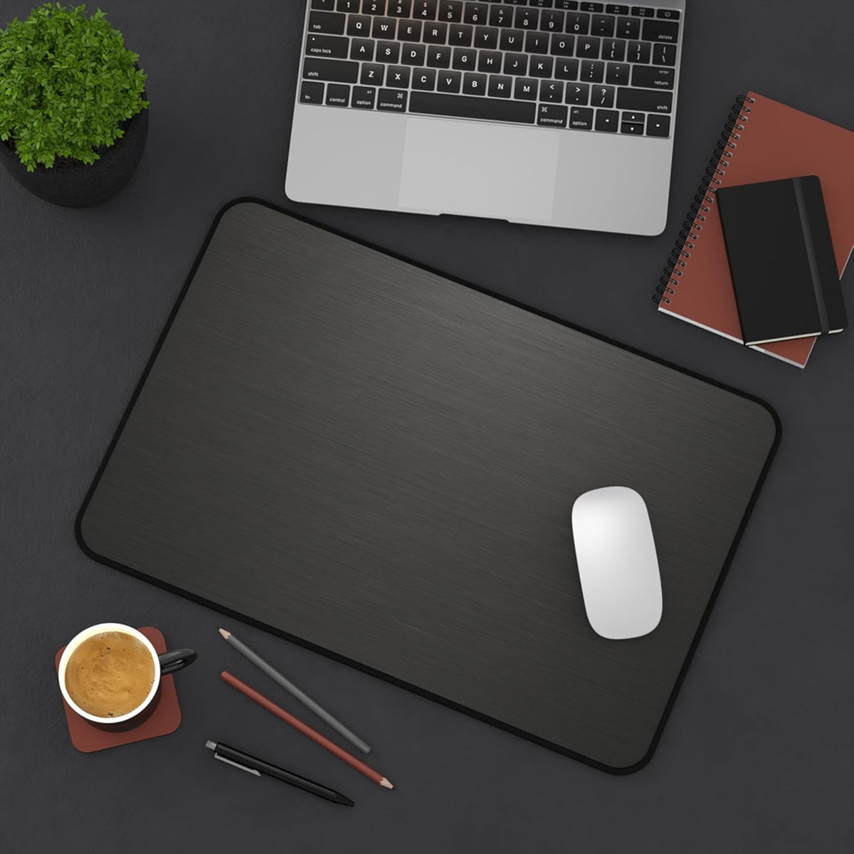 Brushed Metal Texture Desk Mat - Extended Mouse Pad & Desk Pad, Neoprene Surface, Non-Slip Rubber Base, Stitched Edges, Desk Protector for Keyboard & Mouse (Black, 12x18)