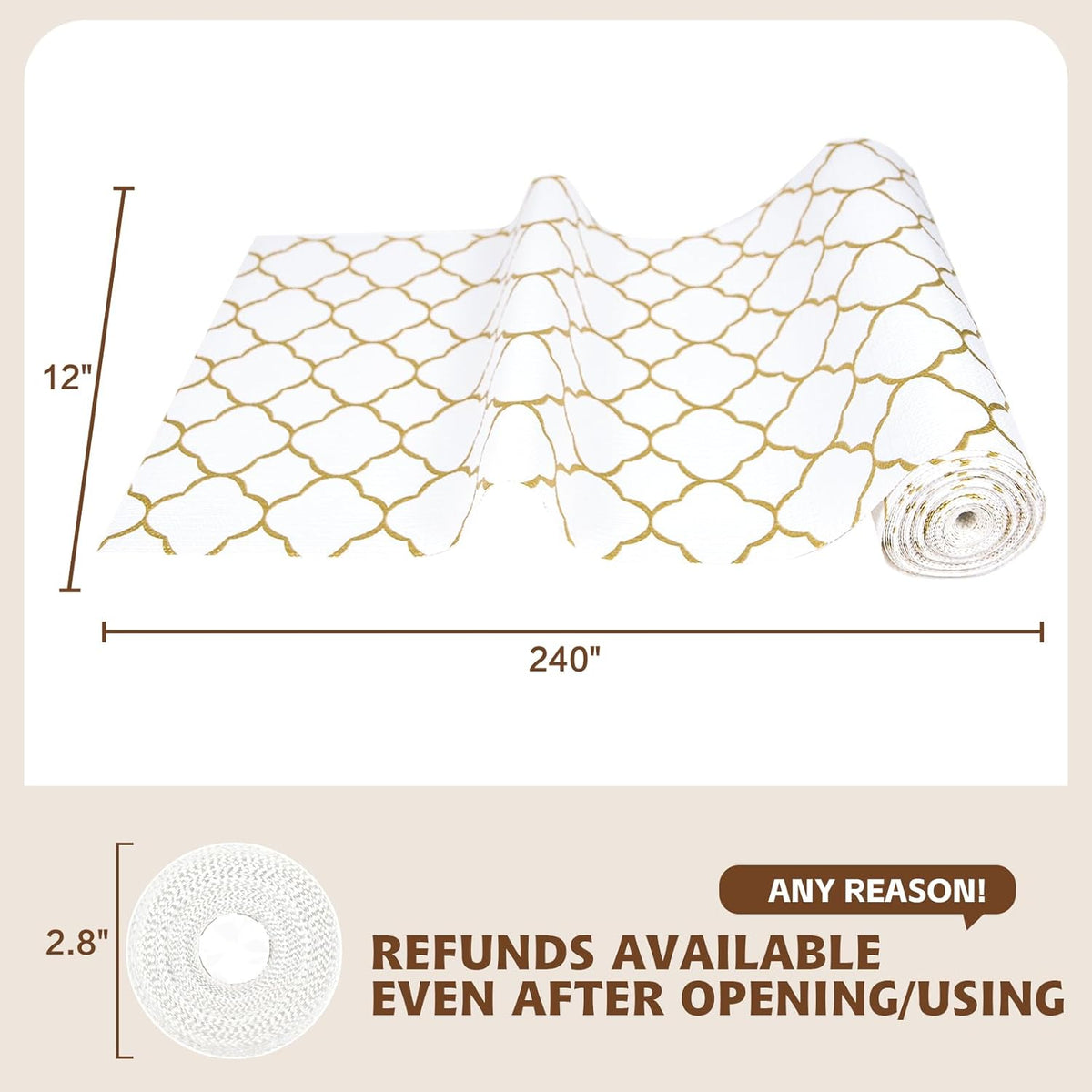 Shelf Liners for Kitchen Cabinets 17in x 30FT Non Adhesive Drawer Liner Gold Quatrefoil Thickened Shelf Liner Paper Strong Non-Slip Easy to Clean for Tool Box Refrigerator with Knife and Tape Measure