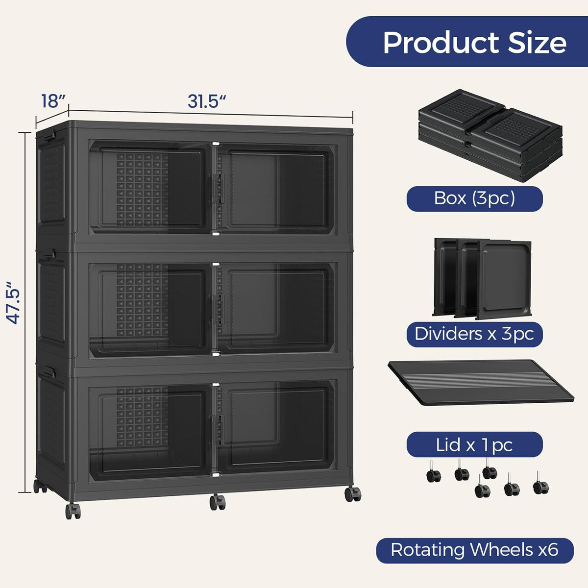150GAL Extra Large Storage Bins with Lid, 600Qt Stackable Closet Organizers and Drawers, Collapsible Storage Bins with Wheels, Folding Containers for Home, Kitchen Office, 3Pack Black