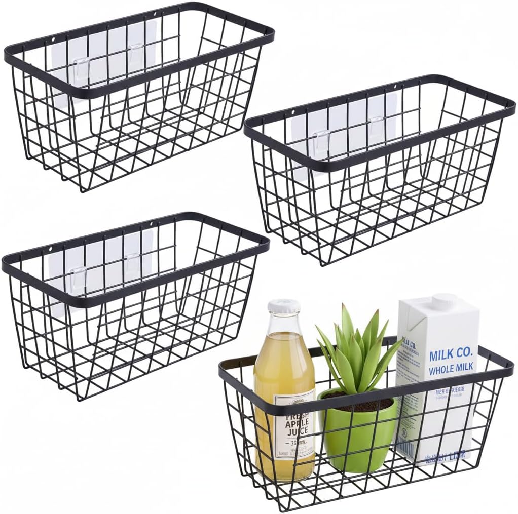 4 set Hanging Wall Basket Organizer,Over the Cabinet Door Wire Baskets for Organizing -Space-Saving Hanging Baskets for Organizing,Wall Mount Storage,No Drilling Adhesive Wall Storage Basket, Black