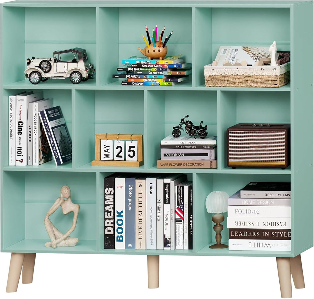 LEYAOYAO 10 Cube Bookshelf,3 Tier Modern Wide Bookcase with Legs,Mid-Century Wood Bookshelves Storage,Mint-Green Large Book Case,Freestanding Organizer Display Shelf for Bedroom,Living Room,Office