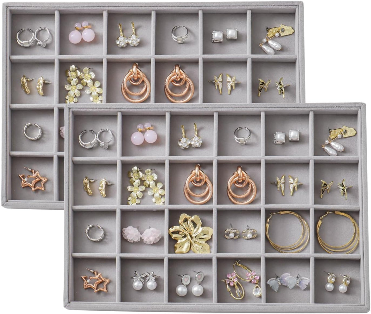 Large Velvet Jewelry Tray 2 Pack Stackable Jewelry Display Drawer Inserts Trays Organizer for Earring Bracelet Necklace Ring (Gray, 24 Grids)