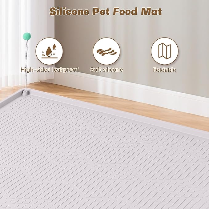 Bartuke Cat Food Mat with Toy Ball, 38'' x 25'' Extra Large Silicone Pet Feeding Mat with Raised Edge Pet Placemat for Food and Water Bowl Non-Slip, Easy to Clean, Floor Protection (White)