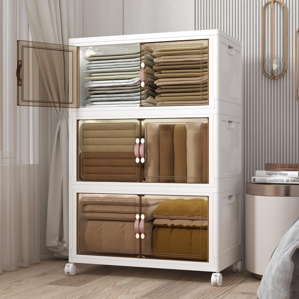 Extra Large Stackable Storage Bins with Lids & Wheels, Foldable Collapsible Closet Organizers Storage Cabinet with Doors for Bedroom Dorm (White, 504QT-168QT/42GAL*3Pack)