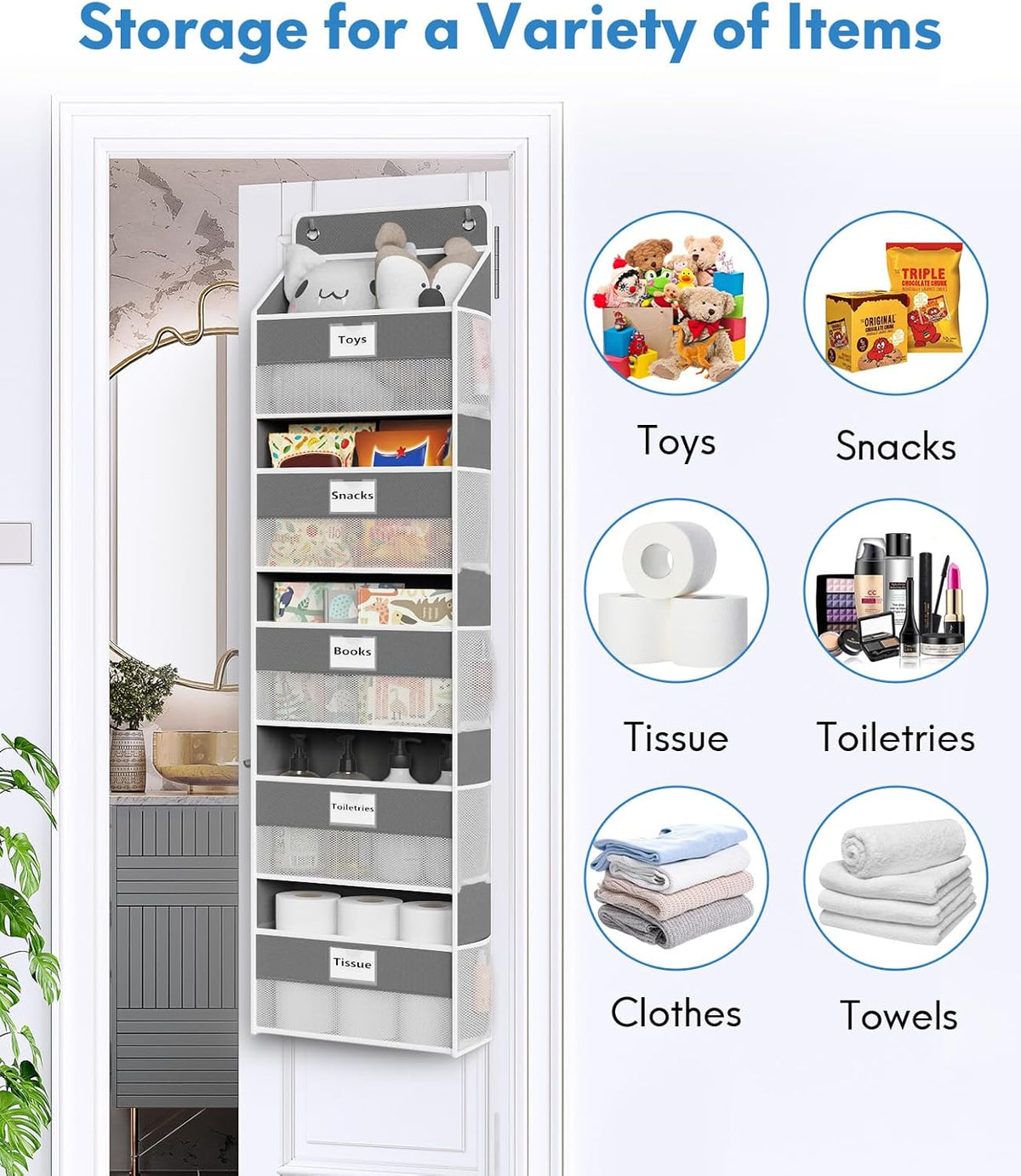 Over The Door Organizer Hanging, 2 Pack 5 Shelf Behind The Doors Storage, Pantry Door Organizer, Closet Organizers for Bedroom and Nursery (Dark Grey)