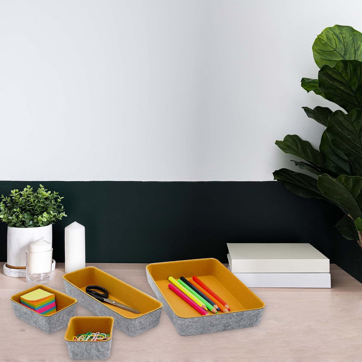 Welaxy desk drawer organizers tray felt storage bin for office suppliers entryway catchall key holder makeup crafts pens decluttering 8-piece fall gift (Curry)